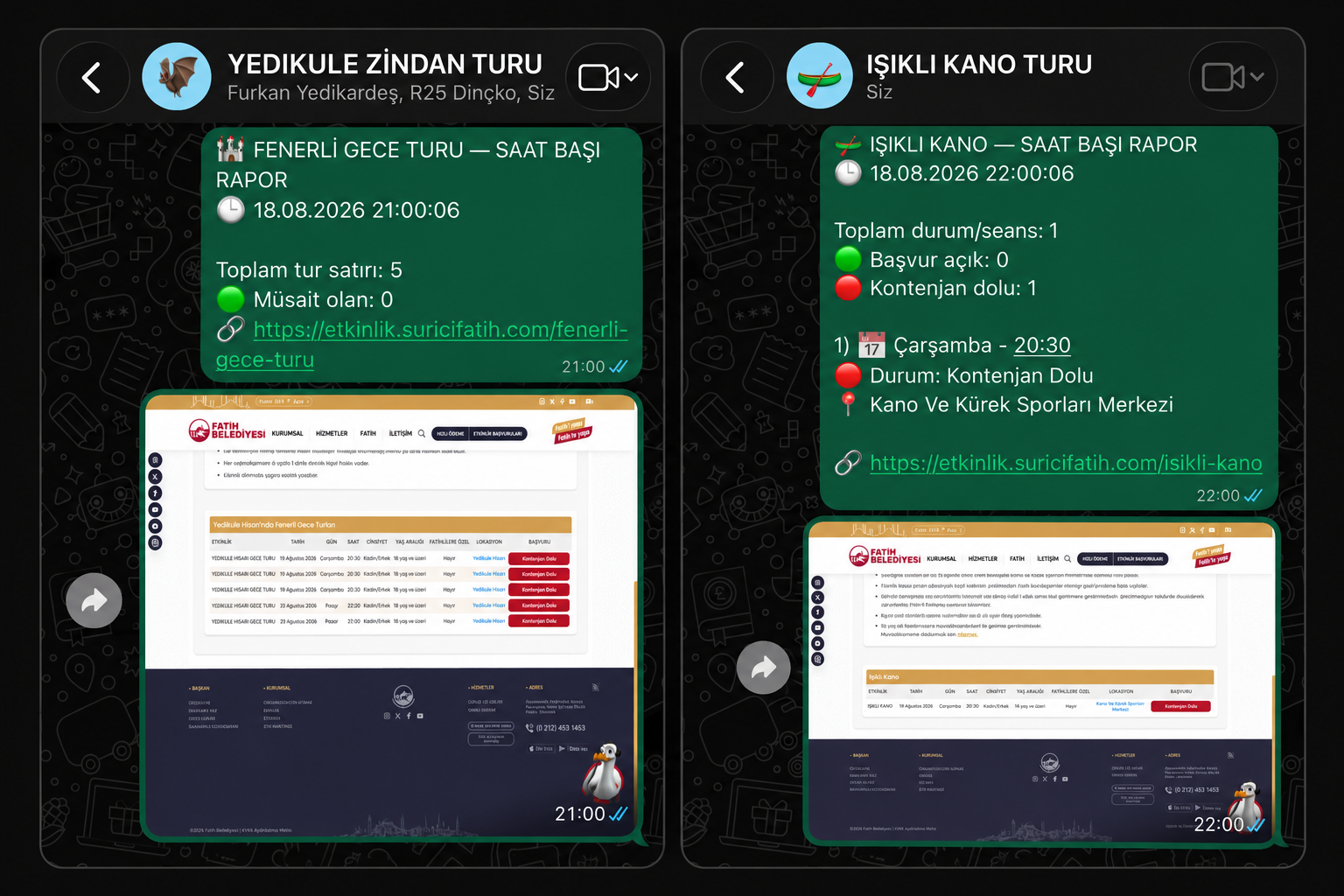 WhatsApp üzerinden gönderilen etkinlik ve kontenjan bildirimleri