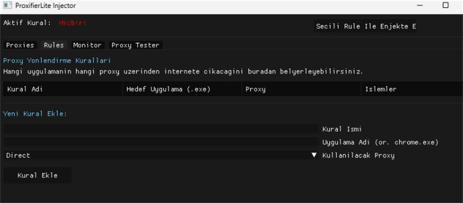 Uygulama bazlı proxy kuralları ekranı